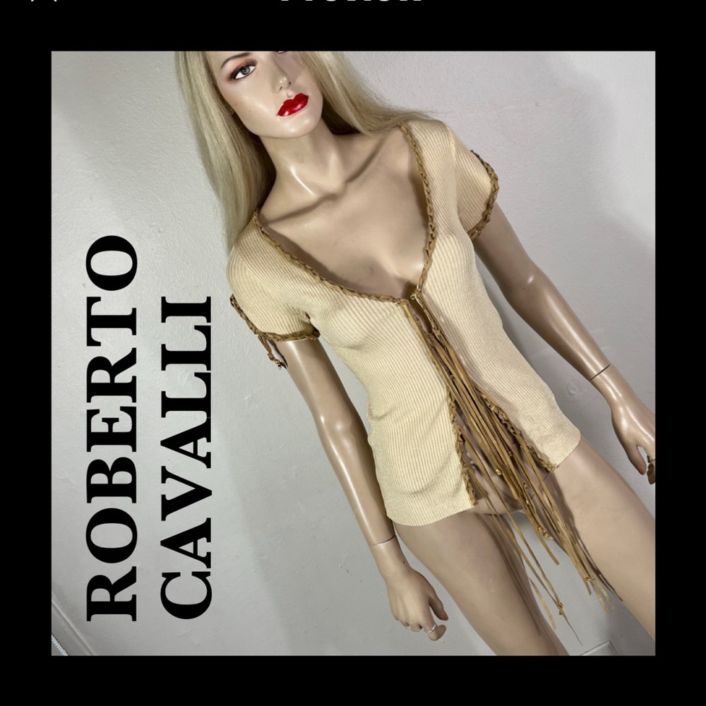 Roberto Cavalli Cream Short Sleeve Ribbed Top with Fringe